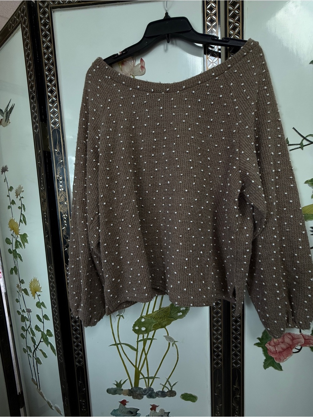 Coquette Girl Blu Pepper Brown Off-the-Shoulder Pearl-Accent Sweater boho chic